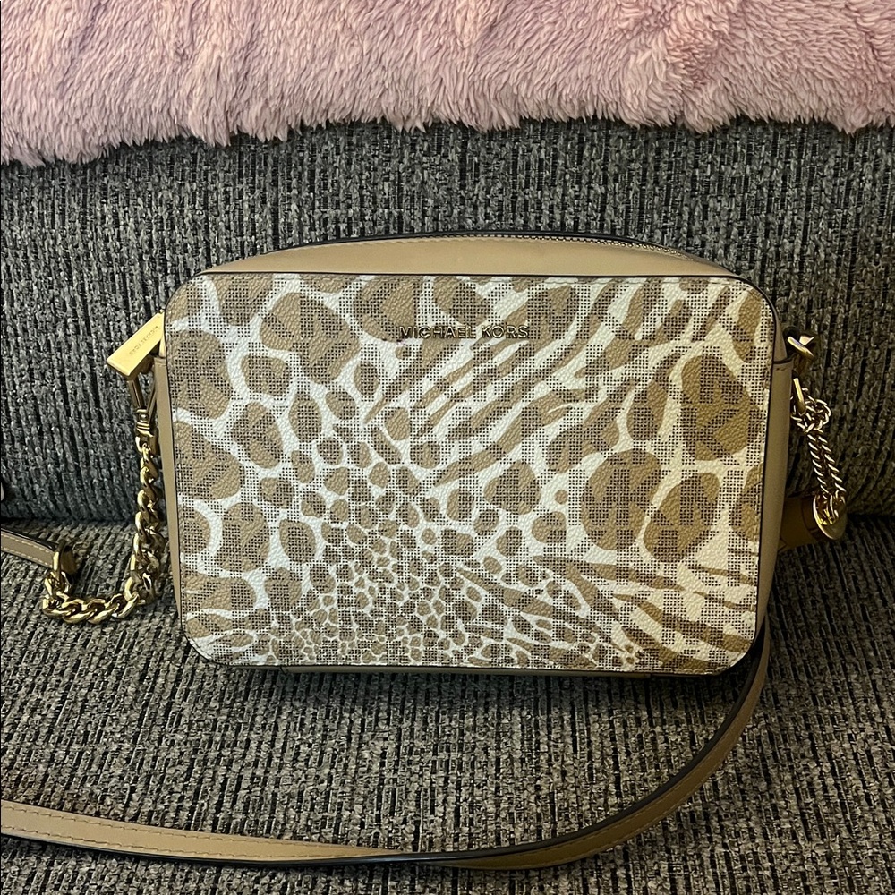 Michael Kors Tan and Cream Animal Print Crossbody Bag